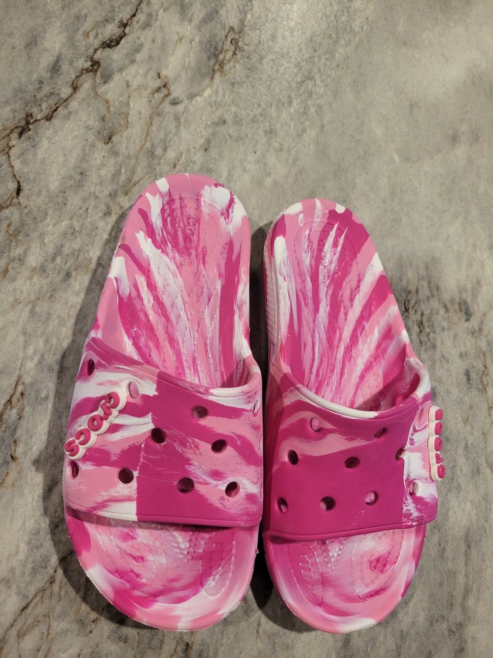 CROCS Pink & White Marbled Slide Sandals